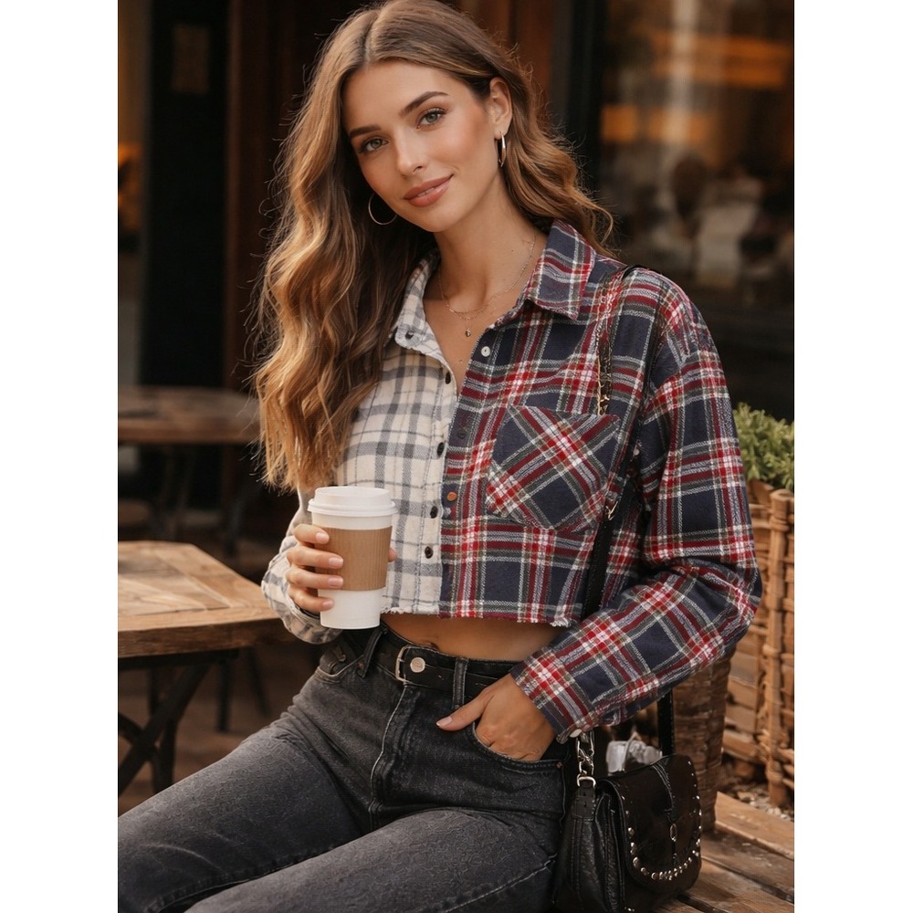 Rsq Split Plaid Cropped Flannel Button Shirt Blue… - image 3